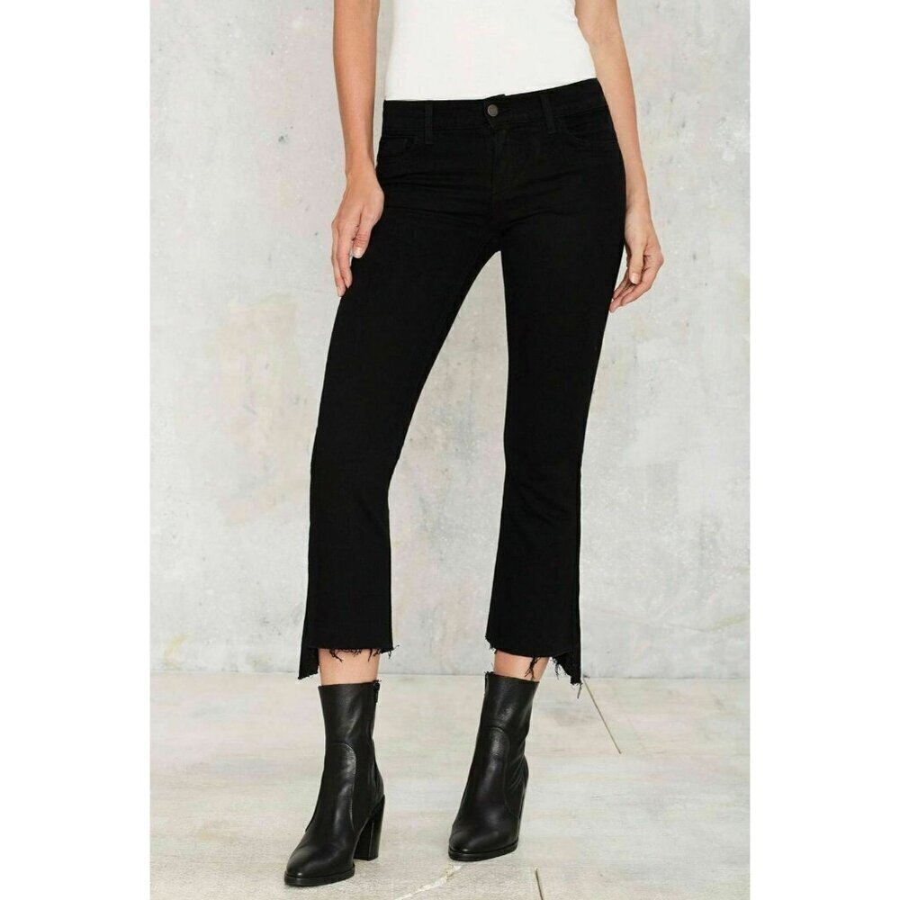 Nasty Gal Apex Pistola Jet Black Denim Crop Relaxed Raw Hem Flare Jeans Size 27